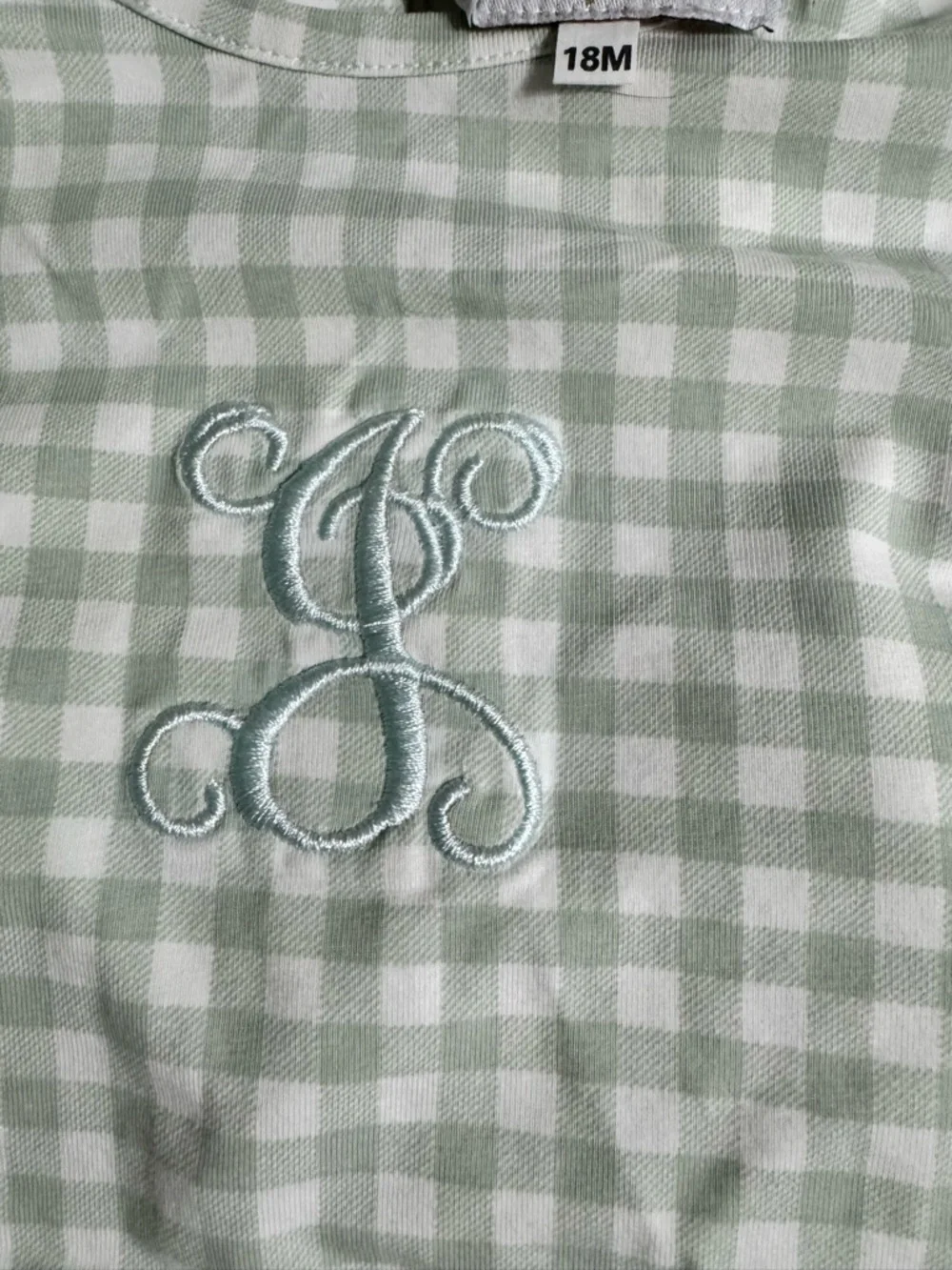 Monogrammed Sage Green Gingham Kids monogrammed with J Set with Ruffle Details